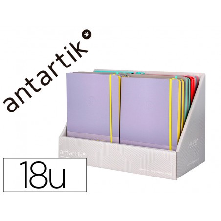 Cuaderno con gomilla antartik note tapa dura y blanda bicolor expositor de 18 unidades surtidas