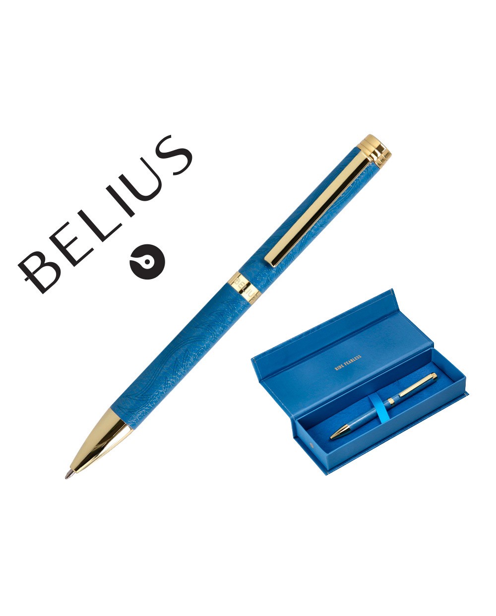 Boligrafo belius wild west aluminio color azul marino dorado tinta color azul caja de diseno