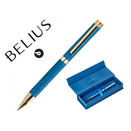 Boligrafo belius wild west aluminio color azul marino dorado tinta color azul caja de diseno