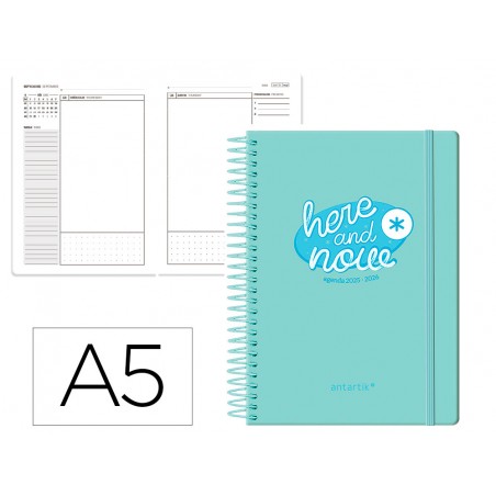 Agenda escolar antartik 25 26 espiral here and now turquesa dia pagina a5 bilingue papel fsc 80 gr 80 gr