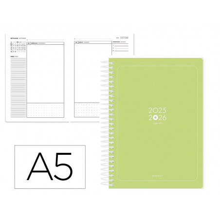 Agenda escolar antartik 25 26 espiral essentials verde lima dia pagina a5 bilingue papel fsc 80 gr