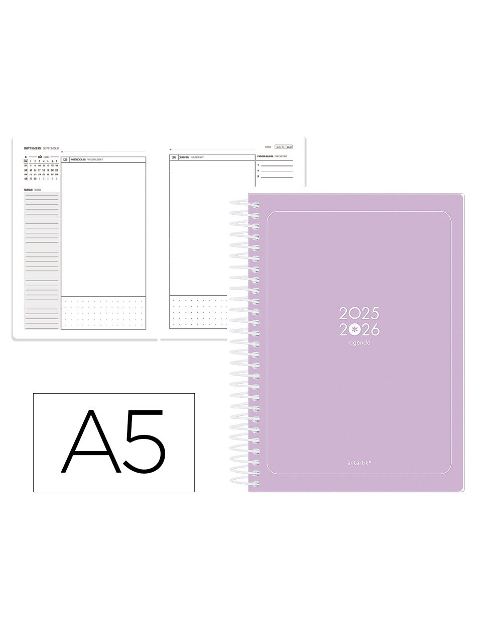 Agenda escolar antartik 25 26 espiral essentials morado diapagina a5 bilingue papel fsc 80 gr