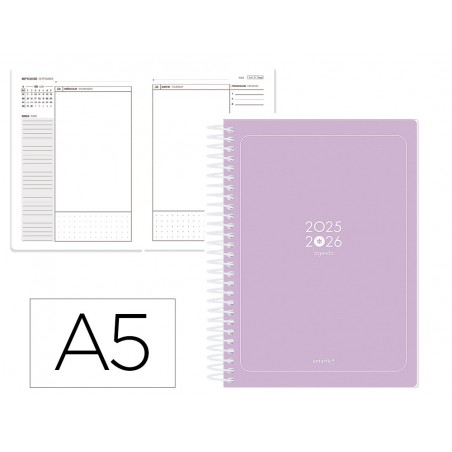 Agenda escolar antartik 25 26 espiral essentials morado diapagina a5 bilingue papel fsc 80 gr