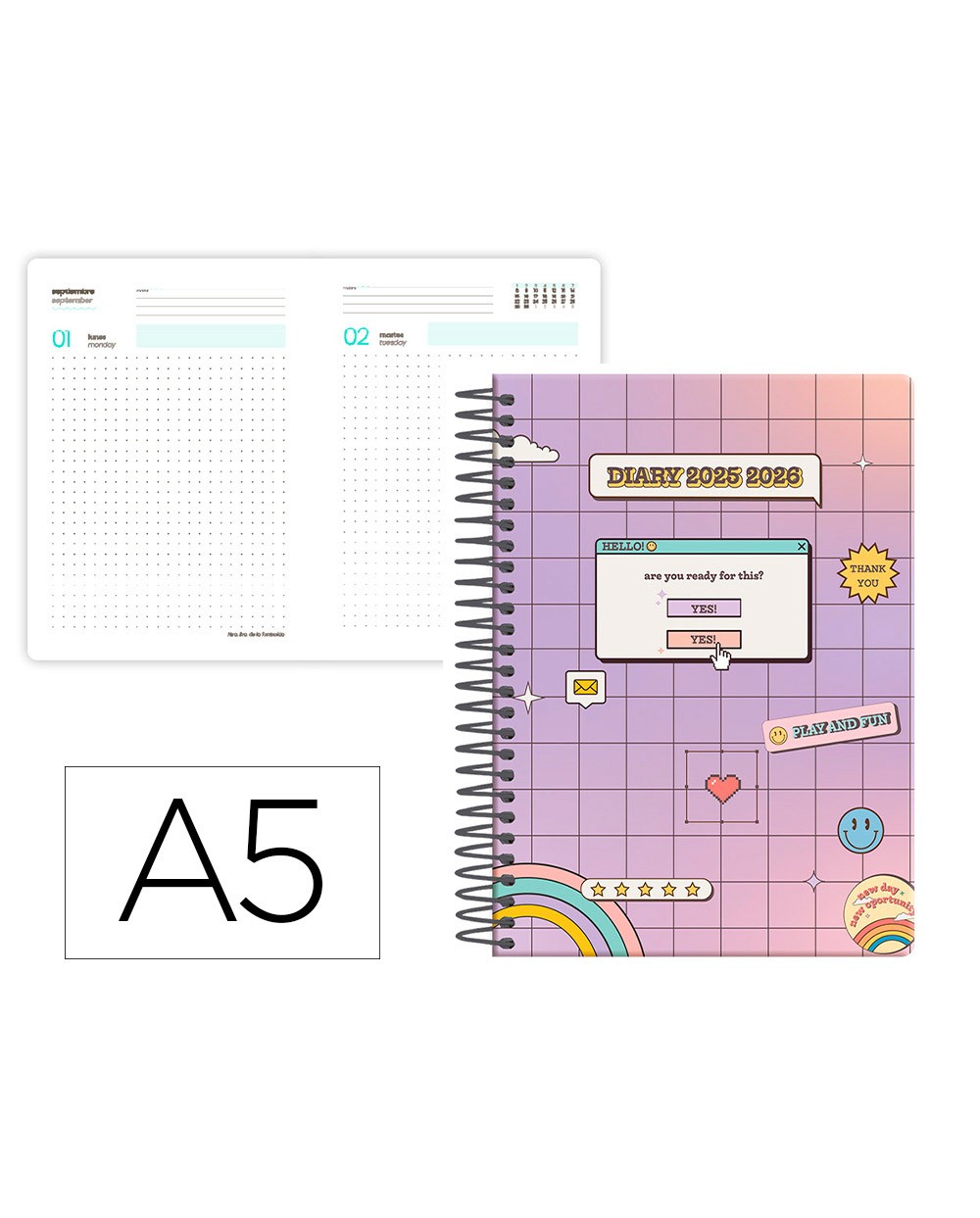 Agenda escolar liderpapel 25 26 espiral 2000 s random morado dia pagina a5 bilingue papel fsc 80 gr