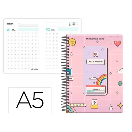 Agenda escolar liderpapel 25 26 espiral pixel rosa dia pagina a5 bilingue papel fsc 80 gr
