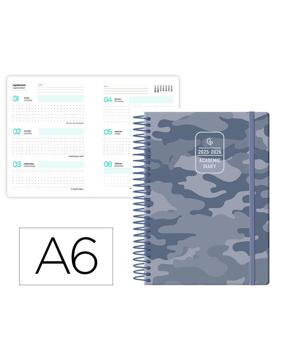 Agenda escolar liderpapel 25 26 espiral patterns militargris semana vista a6 bilingue papel fsc 80 gr