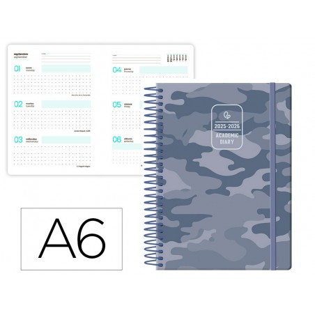Agenda escolar liderpapel 25 26 espiral patterns militargris semana vista a6 bilingue papel fsc 80 gr