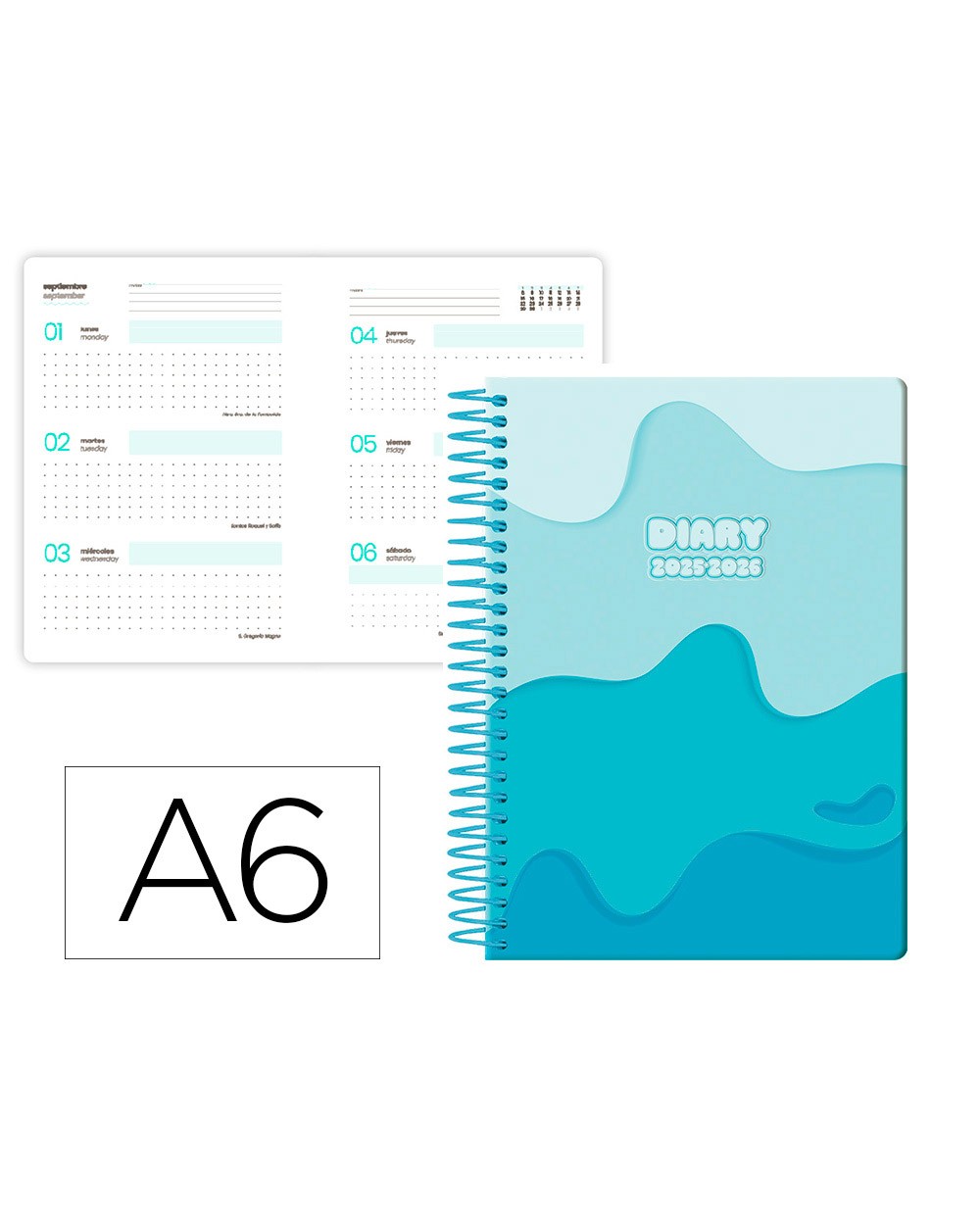 Agenda escolar liderpapel 25 26 espiral melting azul semana vista a6 bilingue papelfsc 80 gr