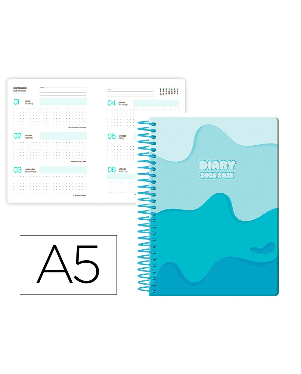 Agenda escolar liderpapel 25 26 espiral melting azul semana vista a5 bilingue papelfsc 80 gr