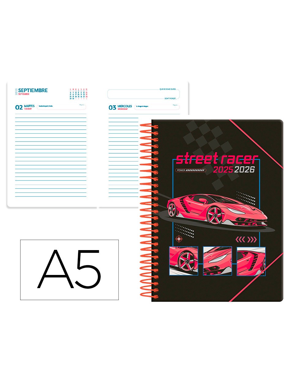Agenda escolar liderpapel 25 26 espiral cars rojo dia pagina a5 bilingue papel fsc 80 gr