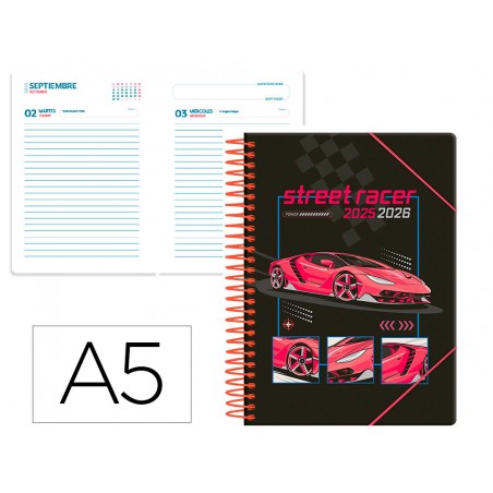Agenda escolar liderpapel 25 26 espiral cars rojo dia pagina a5 bilingue papel fsc 80 gr