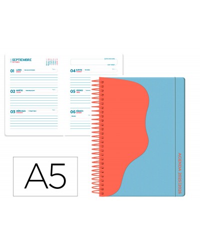 Agenda escolar liderpapel 25 26 espiral waves azul semana vista a5 bilingue papelfsc 80 gr