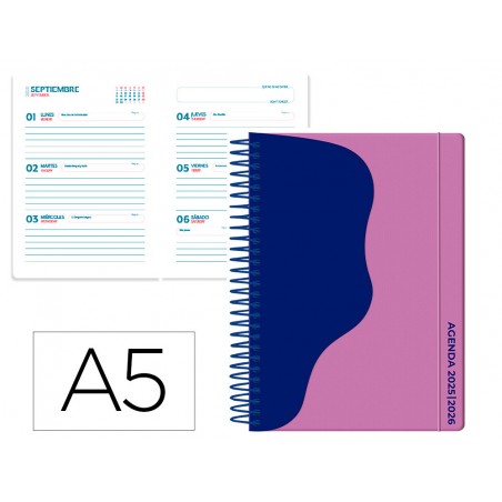 Agenda escolar liderpapel 25 26 espiral waves morado semana vista a5 bilingue papelfsc 80 gr