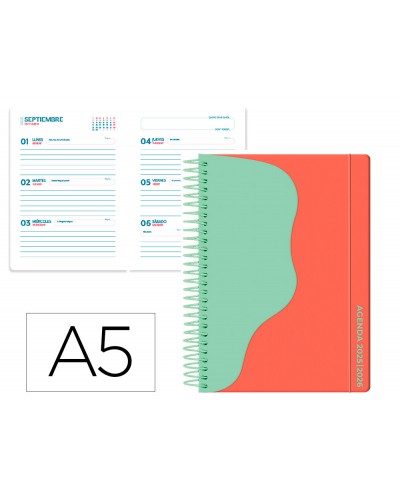 Agenda escolar liderpapel 25 26 espiral waves rojo semana vista a5 bilingue papelfsc 80 gr