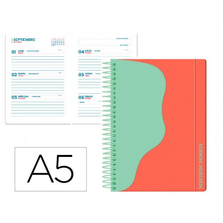 Agenda escolar liderpapel 25 26 espiral waves rojo semana vista a5 bilingue papelfsc 80 gr