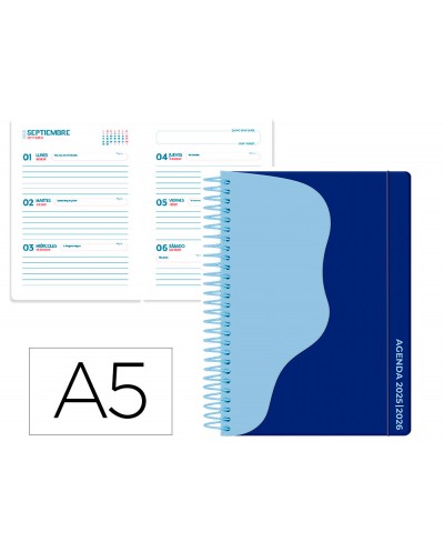 Agenda escolar liderpapel 25 26 espiral waves azul oscu ro semana vista a5 bilingue papel fsc 80 gr