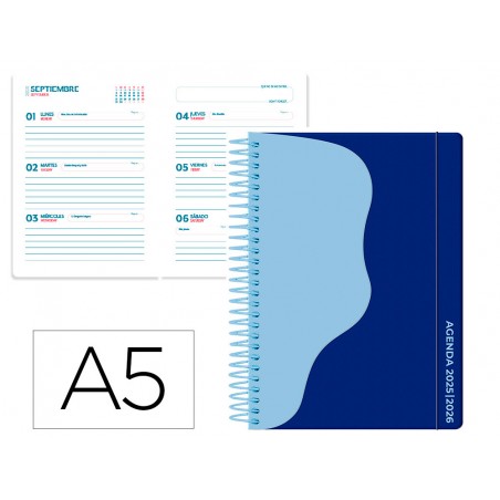 Agenda escolar liderpapel 25 26 espiral waves azul oscu ro semana vista a5 bilingue papel fsc 80 gr