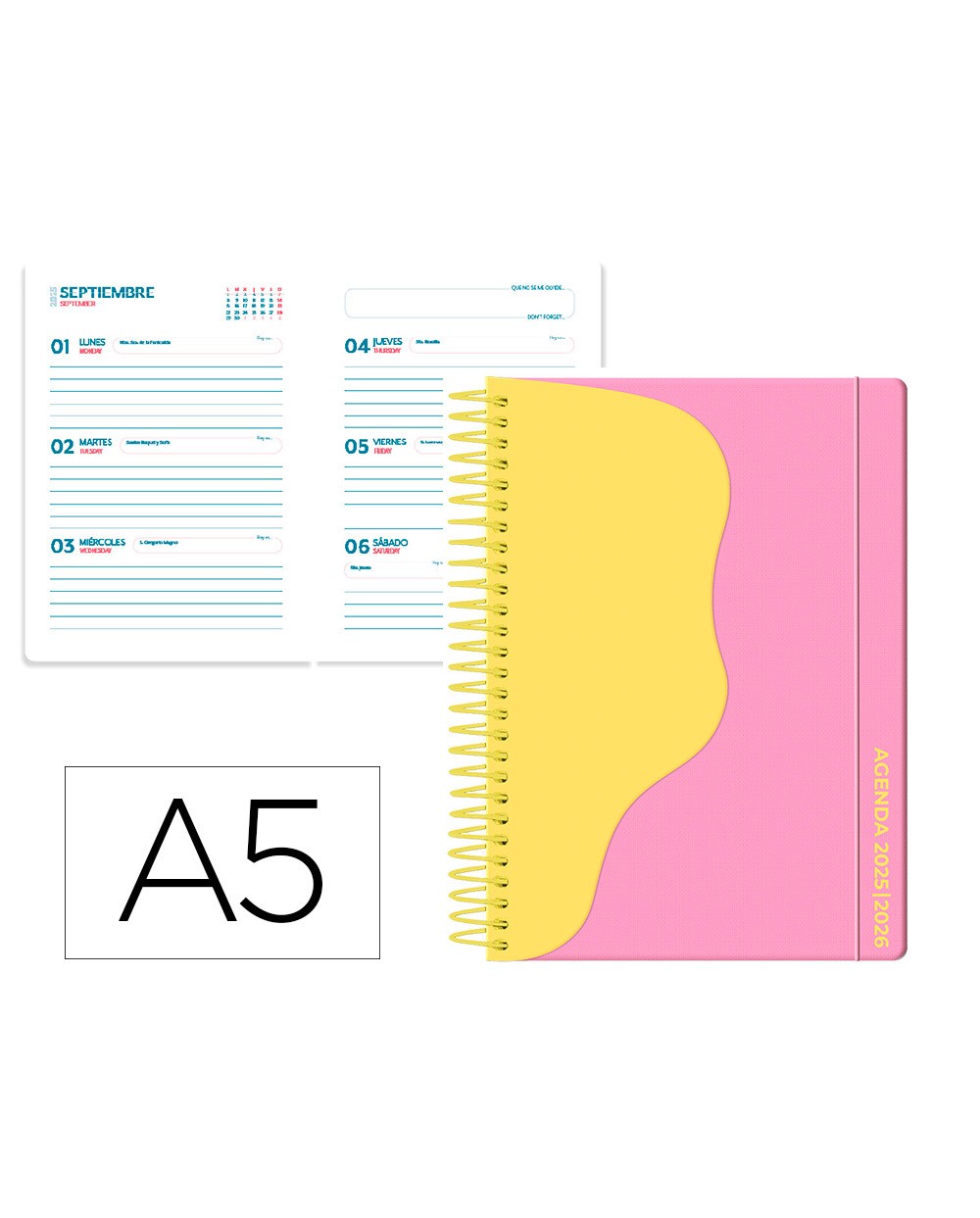 Agenda escolar liderpapel 25 26 espiral waves rosa semana vista a5 bilingue papelfsc 80 gr