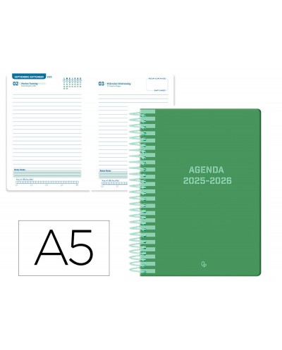 Agenda escolar liderpapel 25 26 espiral classic verde dia pagina a5 bilingue papel fsc 70 gr