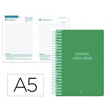 Agenda escolar liderpapel 25 26 espiral classic verde dia pagina a5 bilingue papel fsc 70 gr