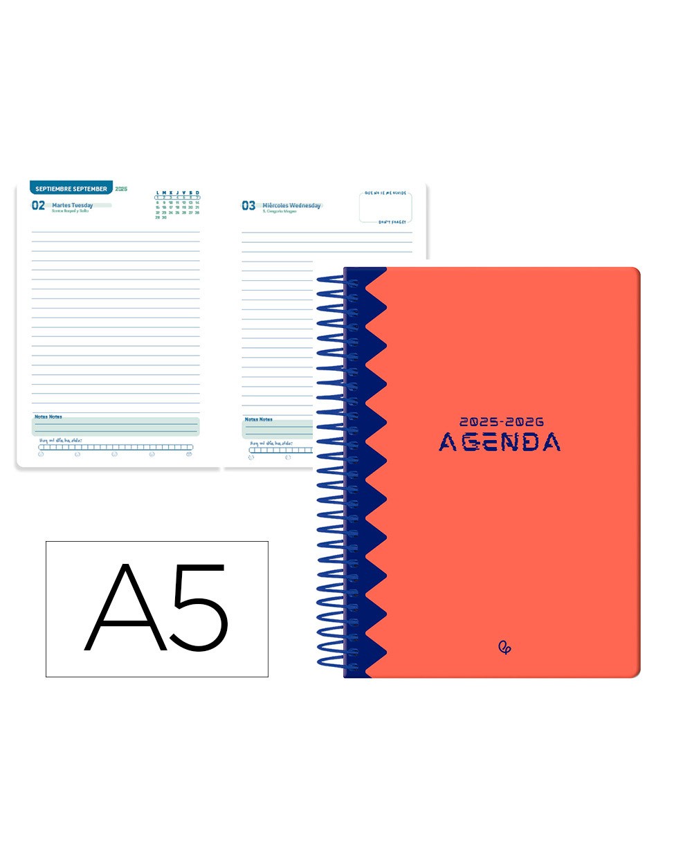 Agenda escolar liderpapel 25 26 espiral classic rojo dia pagina a5 bilingue papel fsc 70 gr