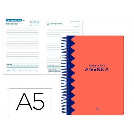 Agenda escolar liderpapel 25 26 espiral classic rojo dia pagina a5 bilingue papel fsc 70 gr