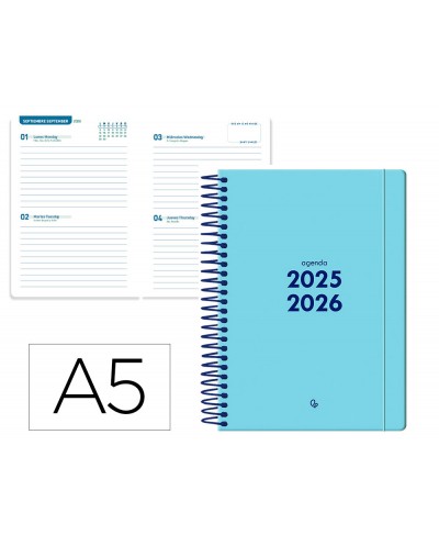 Agenda escolar liderpapel 25 26 espiral basic azul 2 dias pagina a5 bilingue papel fsc 70 gr