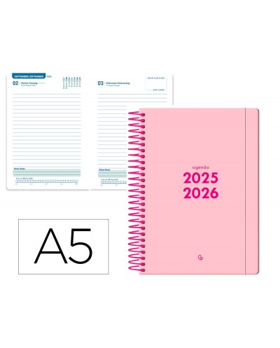 Agenda escolar liderpapel 25 26 espiral basic rosa dia pagina a5 bilingue papel fsc 70 gr