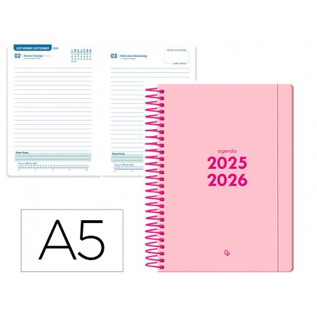 Agenda escolar liderpapel 25 26 espiral basic rosa dia pagina a5 bilingue papel fsc 70 gr