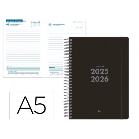 Agenda escolar liderpapel 25 26 espiral basic negro dia pagina a5 bilingue papel fsc 70 gr fsc 70 gr
