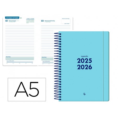 Agenda escolar liderpapel 25 26 espiral basic azul dia pagina a5 bilingue papel fsc 70 gr