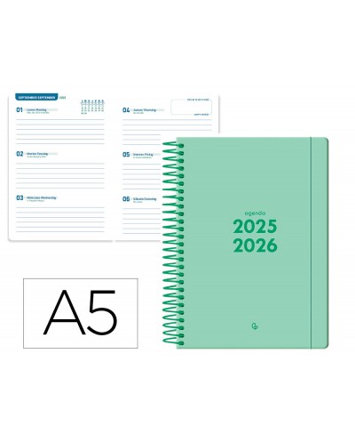 Agenda escolar liderpapel 25 2 6 espiral basic verde menta semana vista a5 bilingue papelfsc 70 gr