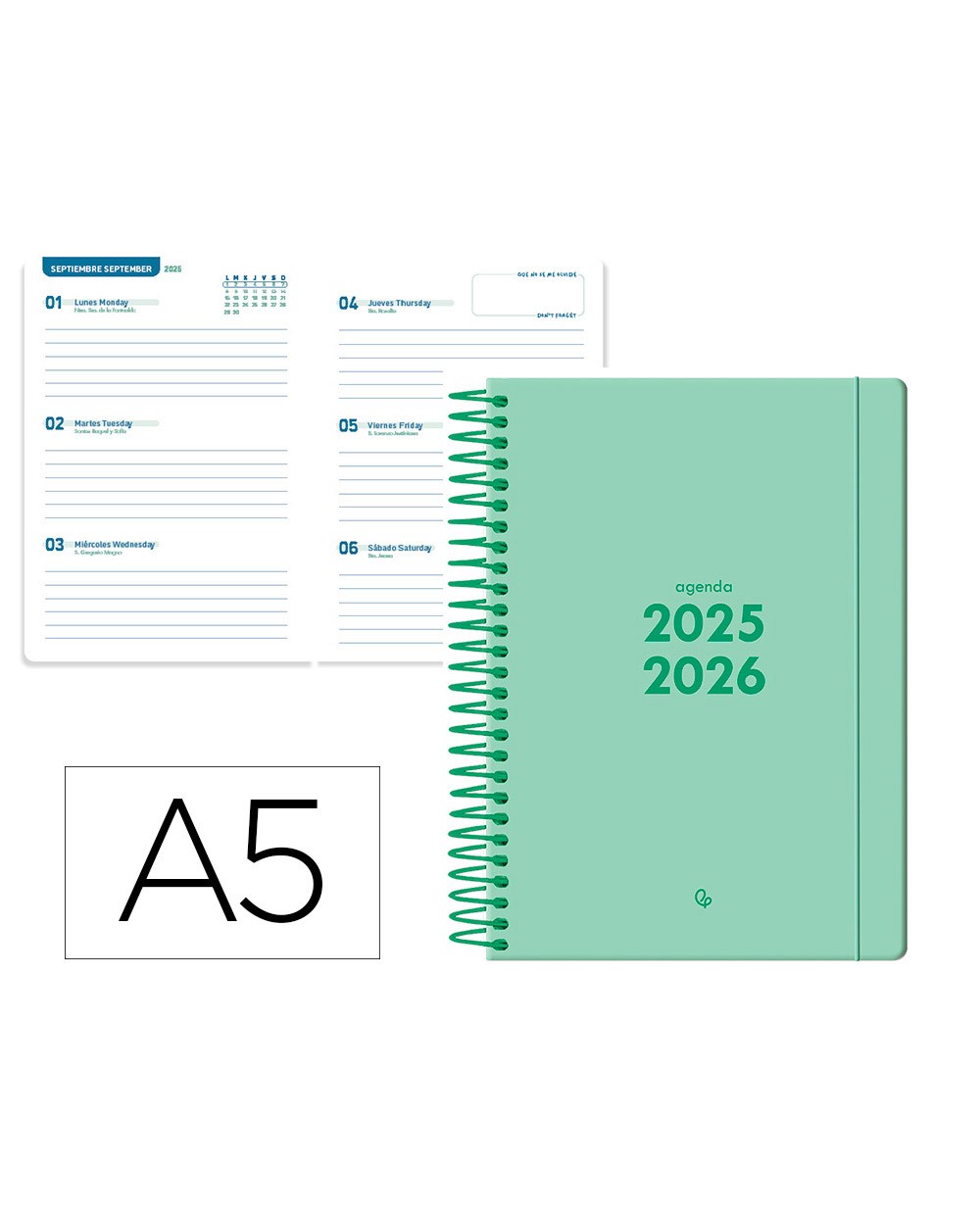 Agenda escolar liderpapel 25 2 6 espiral basic verde menta semana vista a5 bilingue papelfsc 70 gr