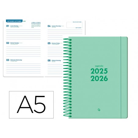 Agenda escolar liderpapel 25 2 6 espiral basic verde menta semana vista a5 bilingue papelfsc 70 gr