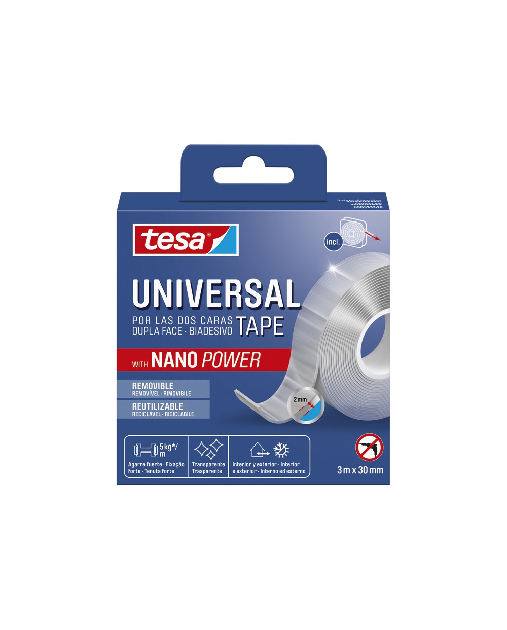 Cinta adhesiva tesa doble cara nano universal transparente 3 mt x 30 mm