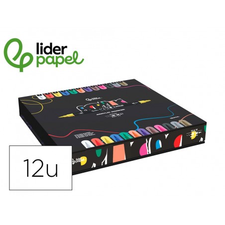 Rotulador liderpapel acrylic base agua todo tipo de superficie doble punta pincel y dot caja de 12 unidades