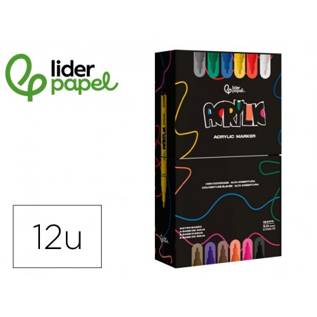 Rotulador liderpapel acrylic base agua todo tipo de superficie punta redonda 3 mm caja de 12 unidades colores
