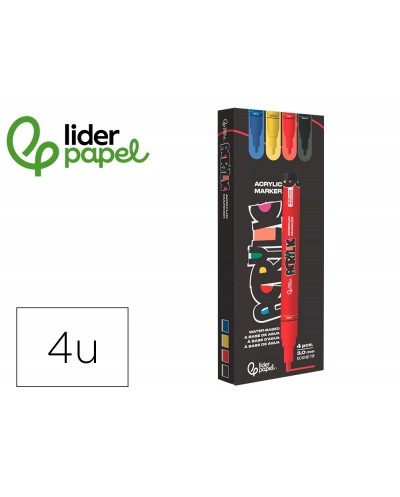 Rotulador liderpapel acrylic base agua todo tipo de superficie punta redonda 3 mm caja de 4 unidades colores