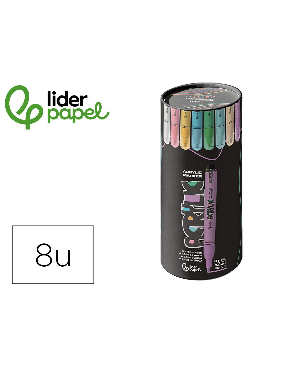 Rotulador liderpapel acrylic base agua todo tipo de superficie punta redonda 3 mm caja de 8 unidades colores