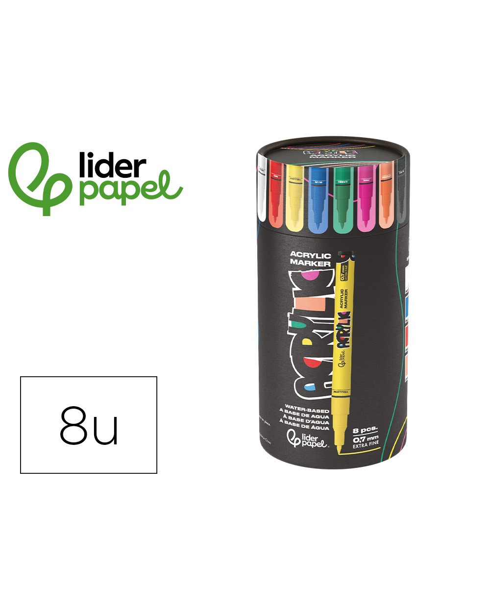 Rotulador liderpapel acrylic base agua todo tipo de superficie punta fina 07 mm caja de 8 unidades colores