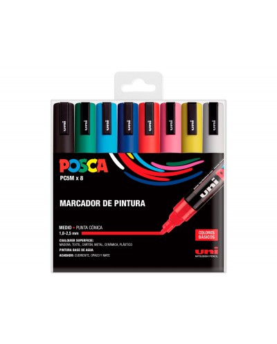 Rotulador uni posca pc 5m 8c marcador de pintura punta conica 18 25 mm estuche de 8 unidades colores basicos