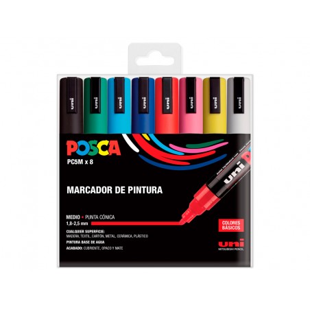 Rotulador uni posca pc 5m 8c marcador de pintura punta conica 18 25 mm estuche de 8 unidades colores basicos