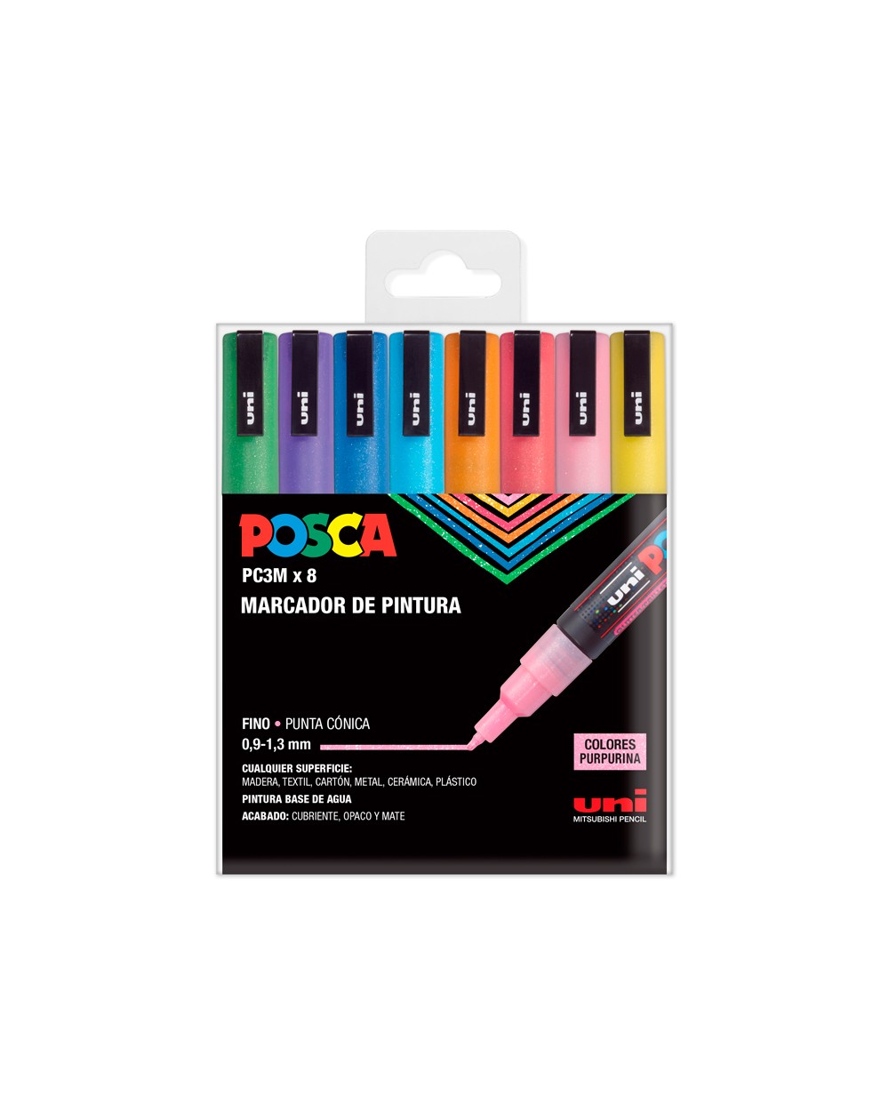 Rotulador uni posca pc 3m 8c marcador de pintura punta conica 09 13 mm estuche de 8 unidades colores purpurina