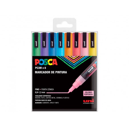 Rotulador uni posca pc 3m 8c marcador de pintura punta conica 09 13 mm estuche de 8 unidades colores purpurina