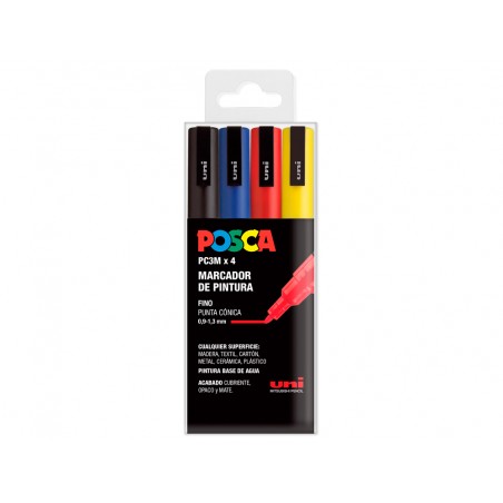 Rotulador uni posca pc 3m 4c marcador de pintura punta conica 09 13 mm estuche de 4 unidades colores basicos