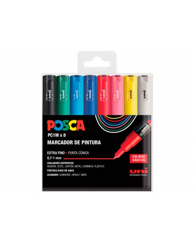 Rotulador uni posca pc 1m 8c marcador de pintura punta conica 07 1 mm estuche de 8 unidades colores basicos