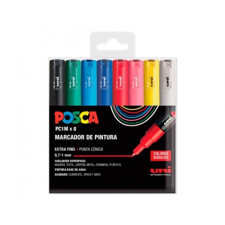 Rotulador uni posca pc 1m 8c marcador de pintura punta conica 07 1 mm estuche de 8 unidades colores basicos
