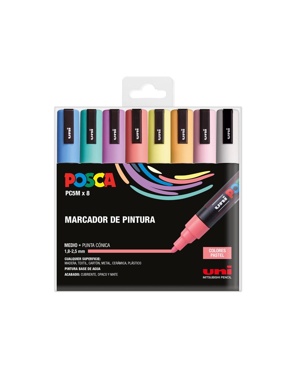 Rotulador uni posca pc 5m 8c estuche de 8 unidades colores pastel surtidos