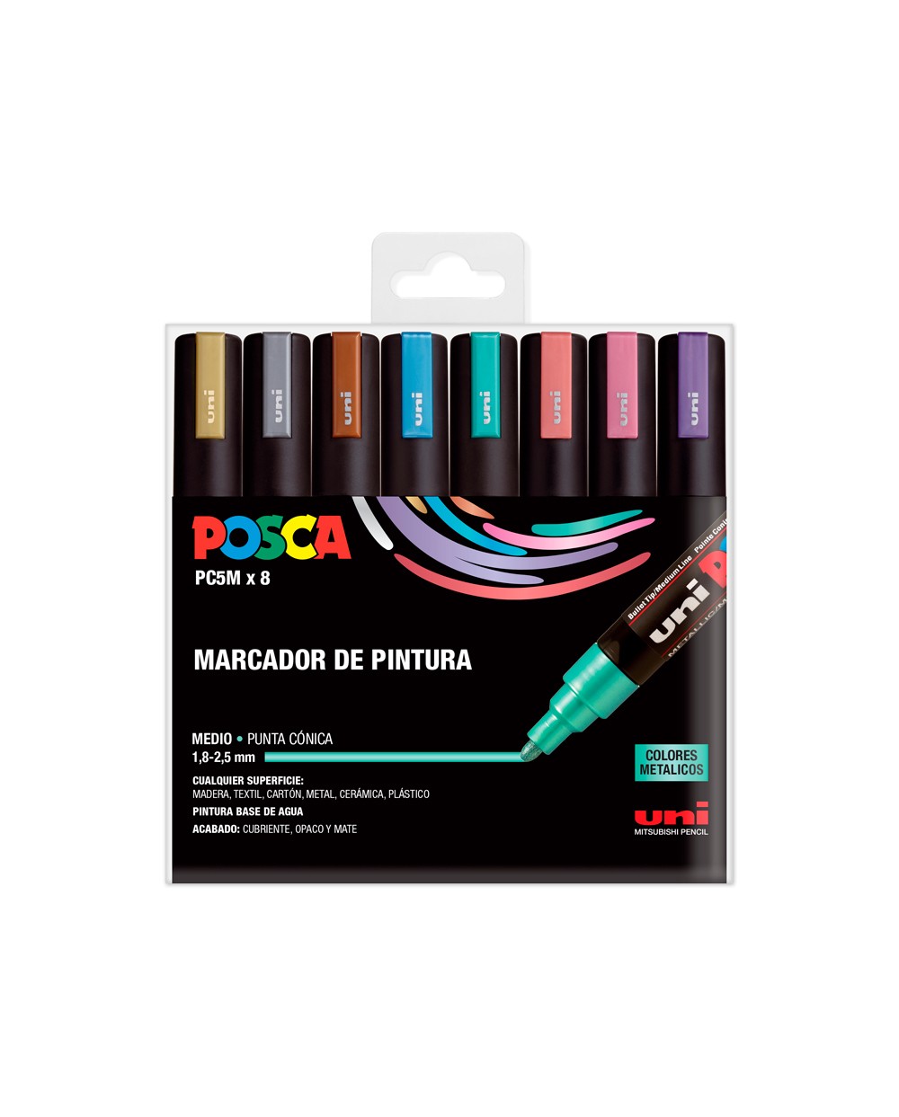 Rotulador uni posca pc 5m 8c estuche de 8 unidades colores metalicos surtidos