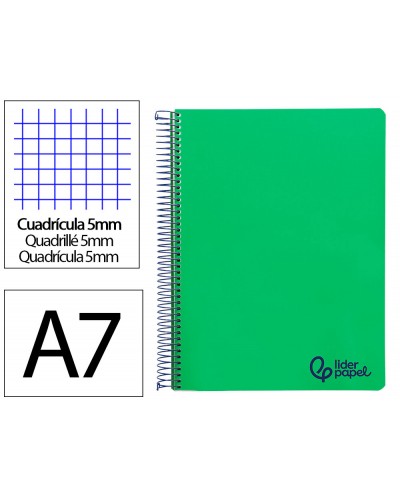 Cuaderno espiral liderpapel a7 micro wonder tapa plastico 100h 90gr cuadro 5mm 4 bandas color verde oscuro